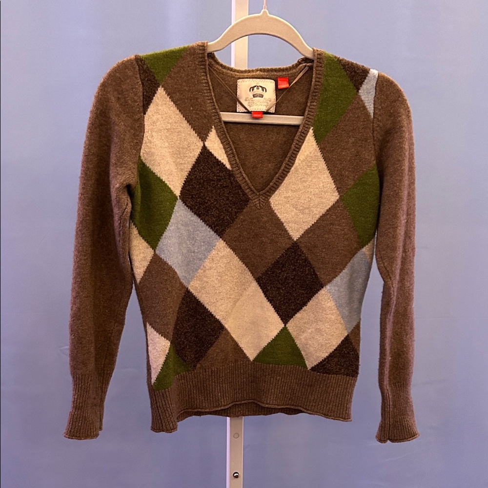 Esprit Wool blend Argyle V-Neck Sweater - Brown, Green, Blue size L women GUC!